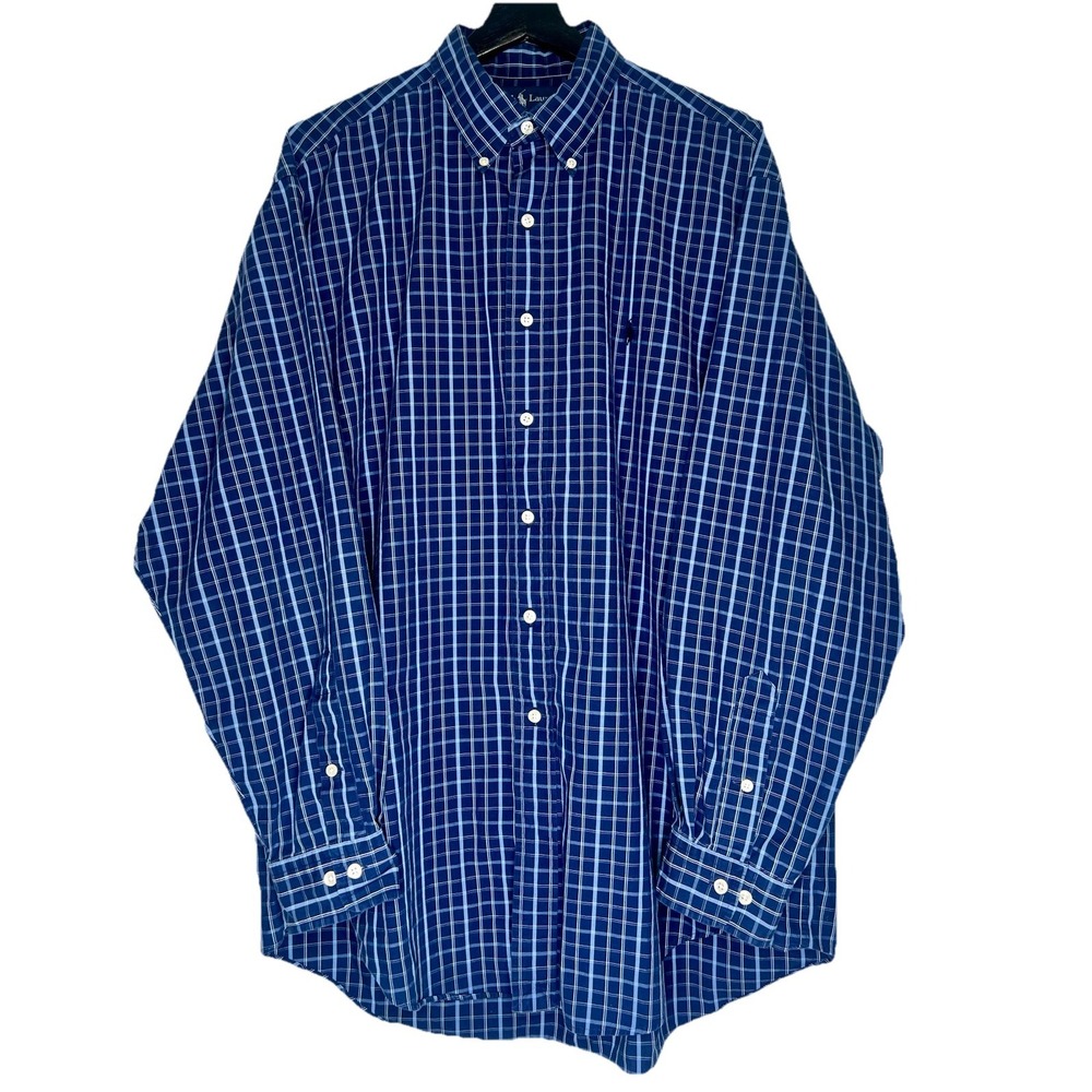 Ralph Lauren Yarmouth Mens 16.5 34/35 Blue Plaid Cotton Button Down Shirt L